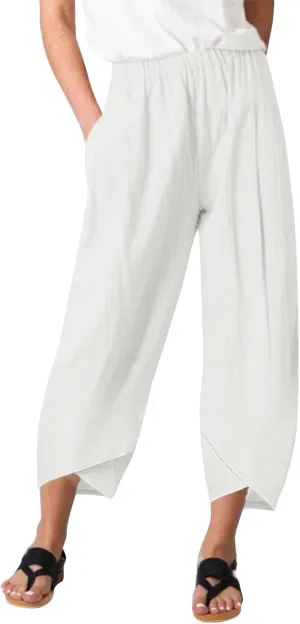 Women's Cotton Linen Summer Cropped Palazzo Pants Elastic Waisted Straight Plus Size Trouser Work Business
