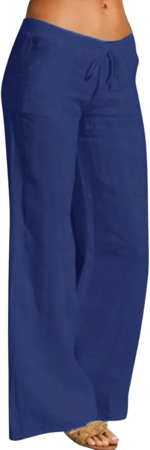 Womens Cotton Linen Summer Drawstring Palazzo Lounge Pants Low Waist Ankle Length Slim-Fit Trousers Trendy