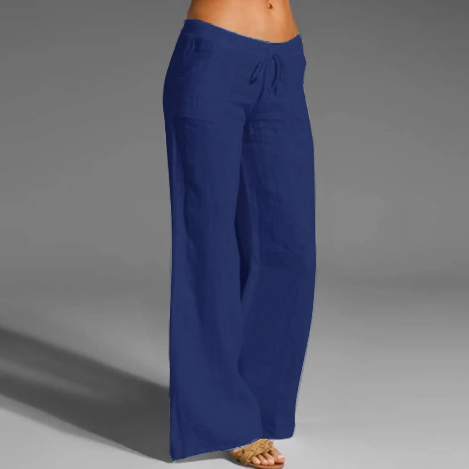 Womens Cotton Linen Summer Drawstring Palazzo Lounge Pants Low Waist Ankle Length Slim-Fit Trousers Trendy