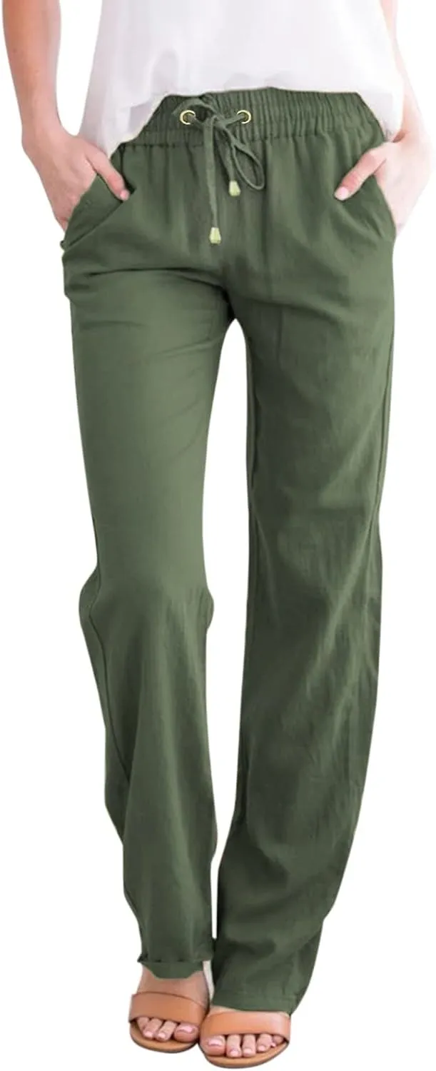 Womens Cotton Linen Summer Fashion Palazzo Pants Elastic Waisted Stretchy Slim Fit Trouser Work Business