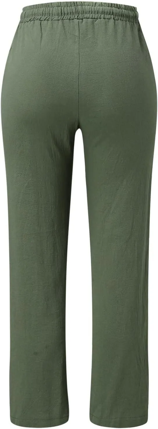 Womens Cotton Linen Summer Fashion Palazzo Pants Elastic Waisted Stretchy Slim Fit Trouser Work Business