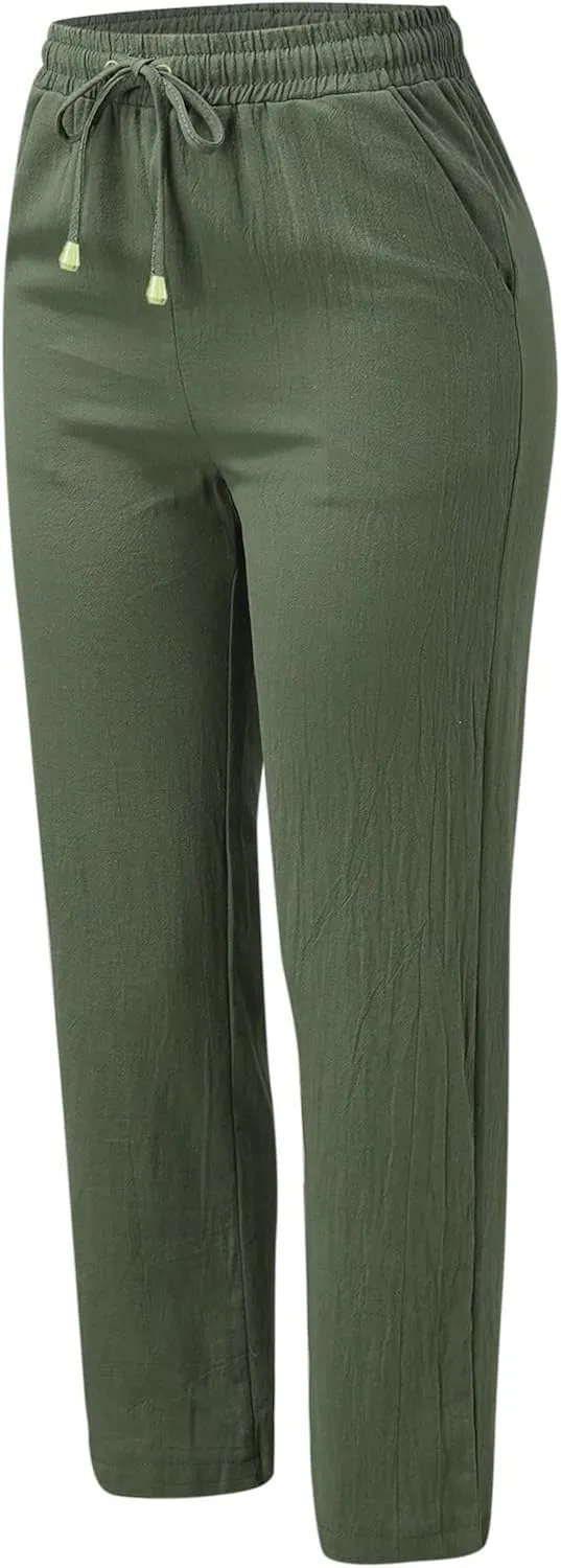 Womens Cotton Linen Summer Fashion Palazzo Pants Elastic Waisted Stretchy Slim Fit Trouser Work Business