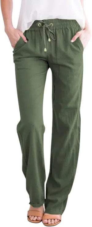 Womens Cotton Linen Summer Fashion Palazzo Pants Elastic Waisted Stretchy Slim Fit Trouser Work Business