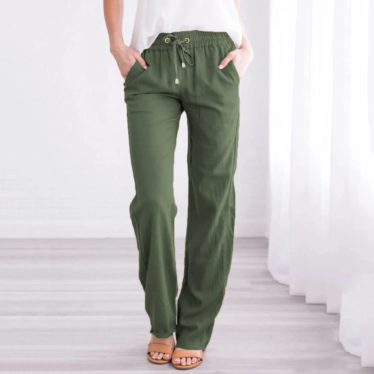 Womens Cotton Linen Summer Fashion Palazzo Pants Elastic Waisted Stretchy Slim Fit Trouser Work Business