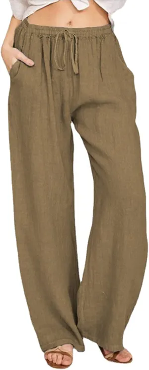 Womens Cotton Linen Summer Floral Palazzo Pants Elastic Waist Wide Leg Loose Fit Palazzo Pants Travel