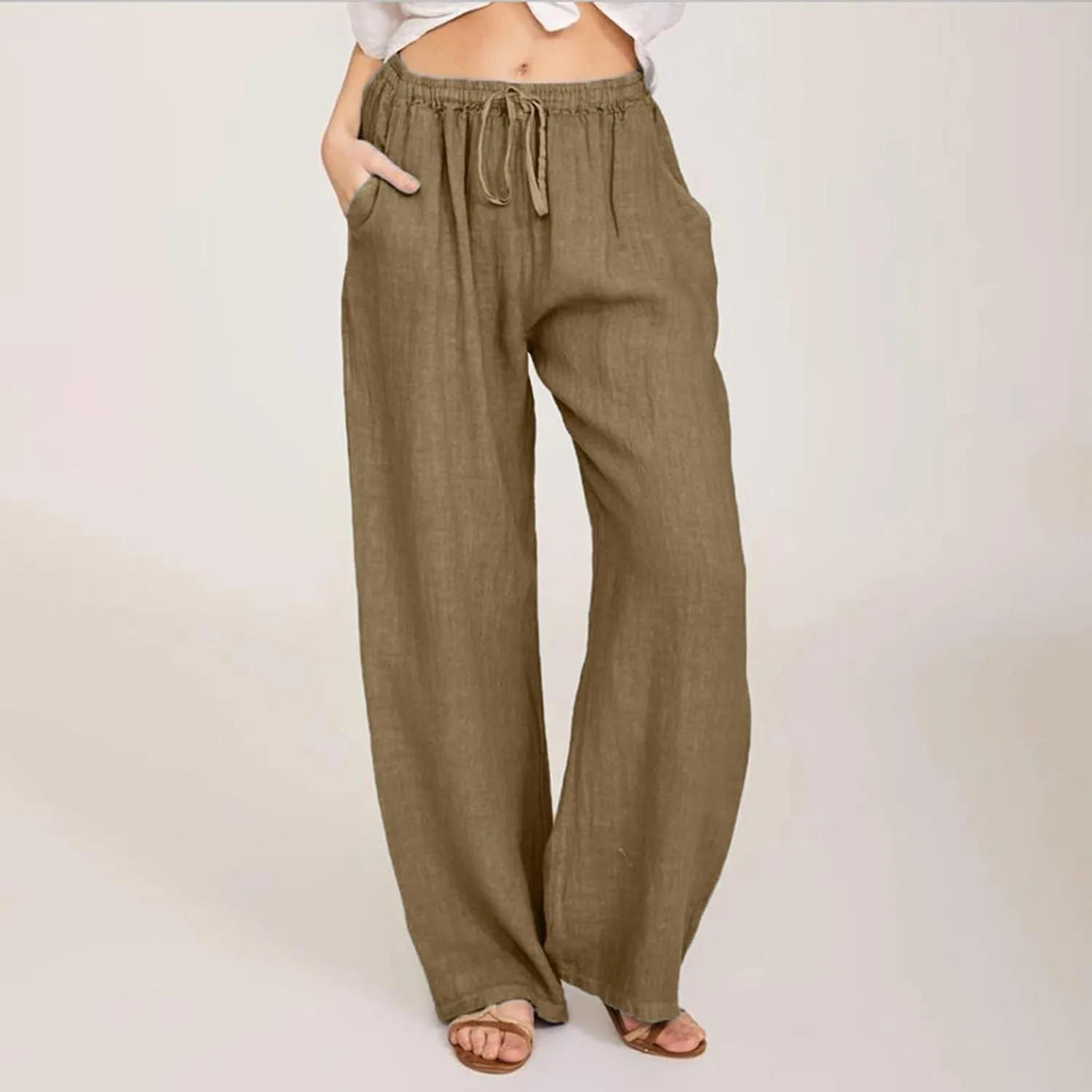 Womens Cotton Linen Summer Floral Palazzo Pants Elastic Waist Wide Leg Loose Fit Palazzo Pants Travel