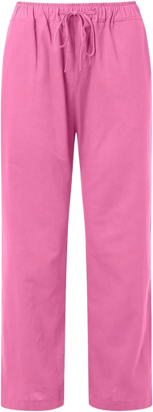 Women's Cotton Linen Summer Flowy Palazzo Lounge Pants Low Waist Ankle Length Loose Fit Palazzo Pants Work Business