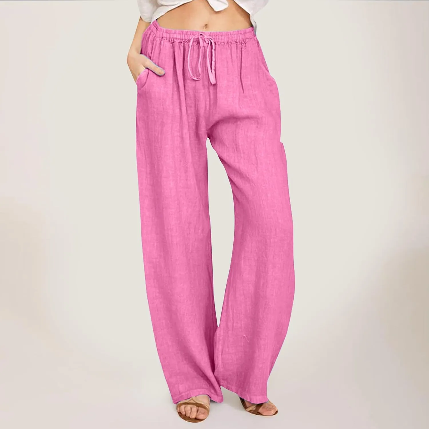 Women's Cotton Linen Summer Flowy Palazzo Lounge Pants Low Waist Ankle Length Loose Fit Palazzo Pants Work Business