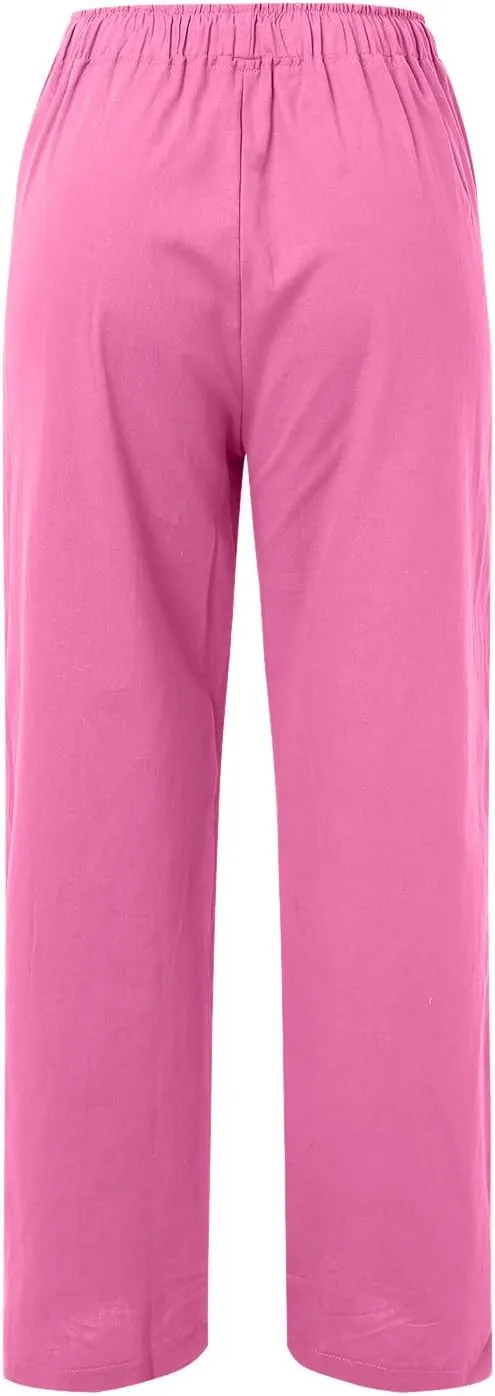 Women's Cotton Linen Summer Flowy Palazzo Lounge Pants Low Waist Ankle Length Loose Fit Palazzo Pants Work Business