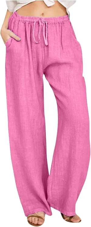 Women's Cotton Linen Summer Flowy Palazzo Lounge Pants Low Waist Ankle Length Loose Fit Palazzo Pants Work Business