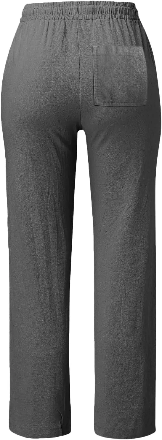 Womens Cotton Linen Summer Letter Patched Palazzo Pants Elastic Waisted Stretchy Straight Slim-Fit Pants Vacation
