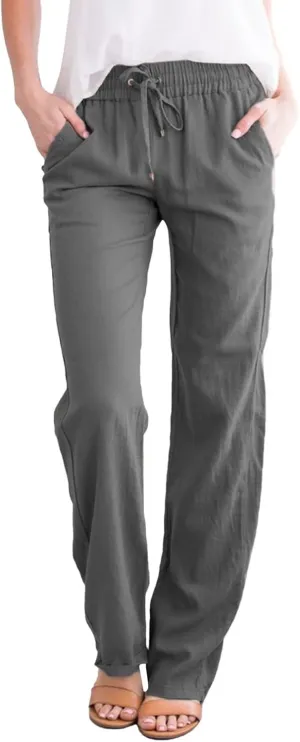 Womens Cotton Linen Summer Letter Patched Palazzo Pants Elastic Waisted Stretchy Straight Slim-Fit Pants Vacation
