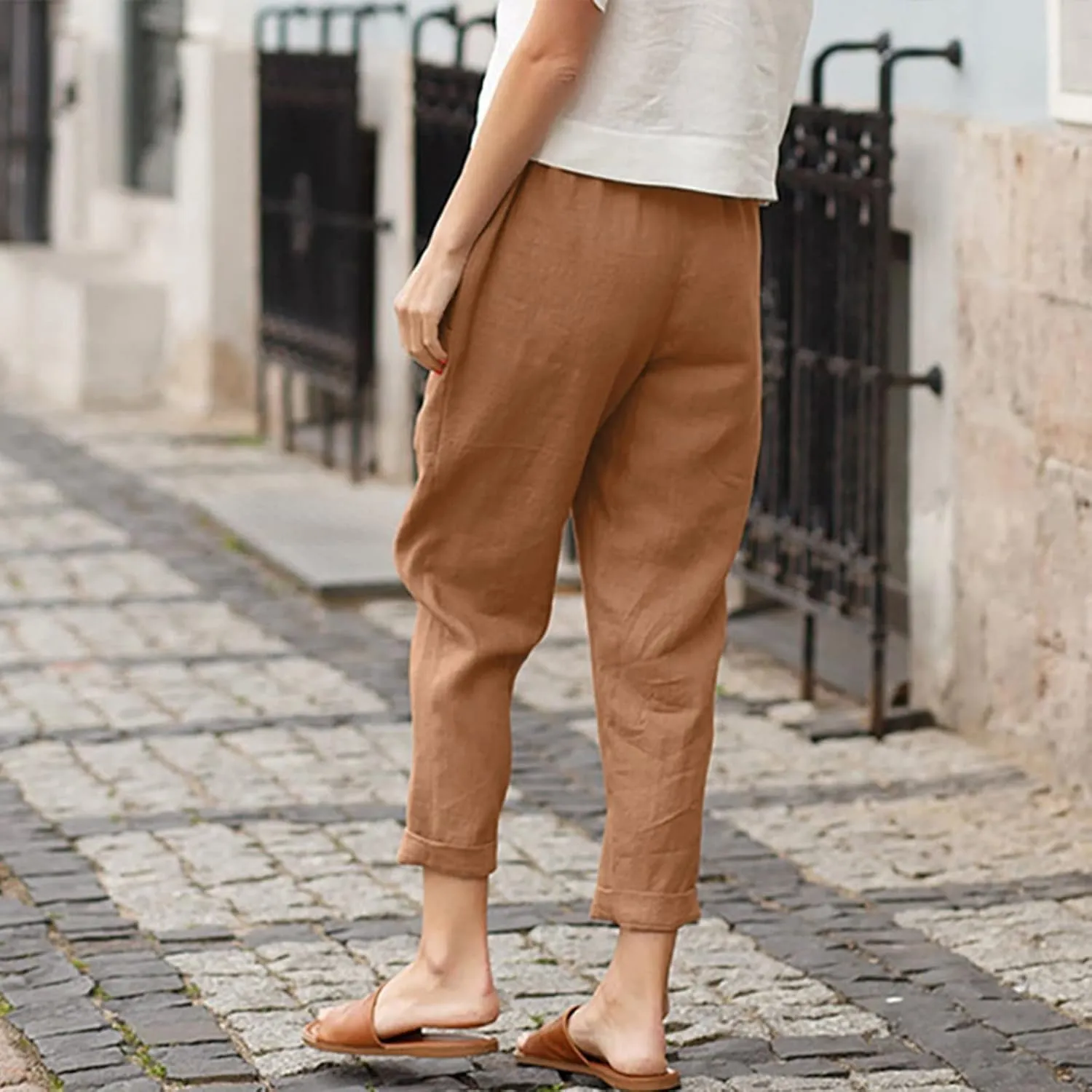Women's Cotton Linen Summer Palazzo Palazzo Pants Elastic Waisted Bootcut Slim Fit Pants Business Work