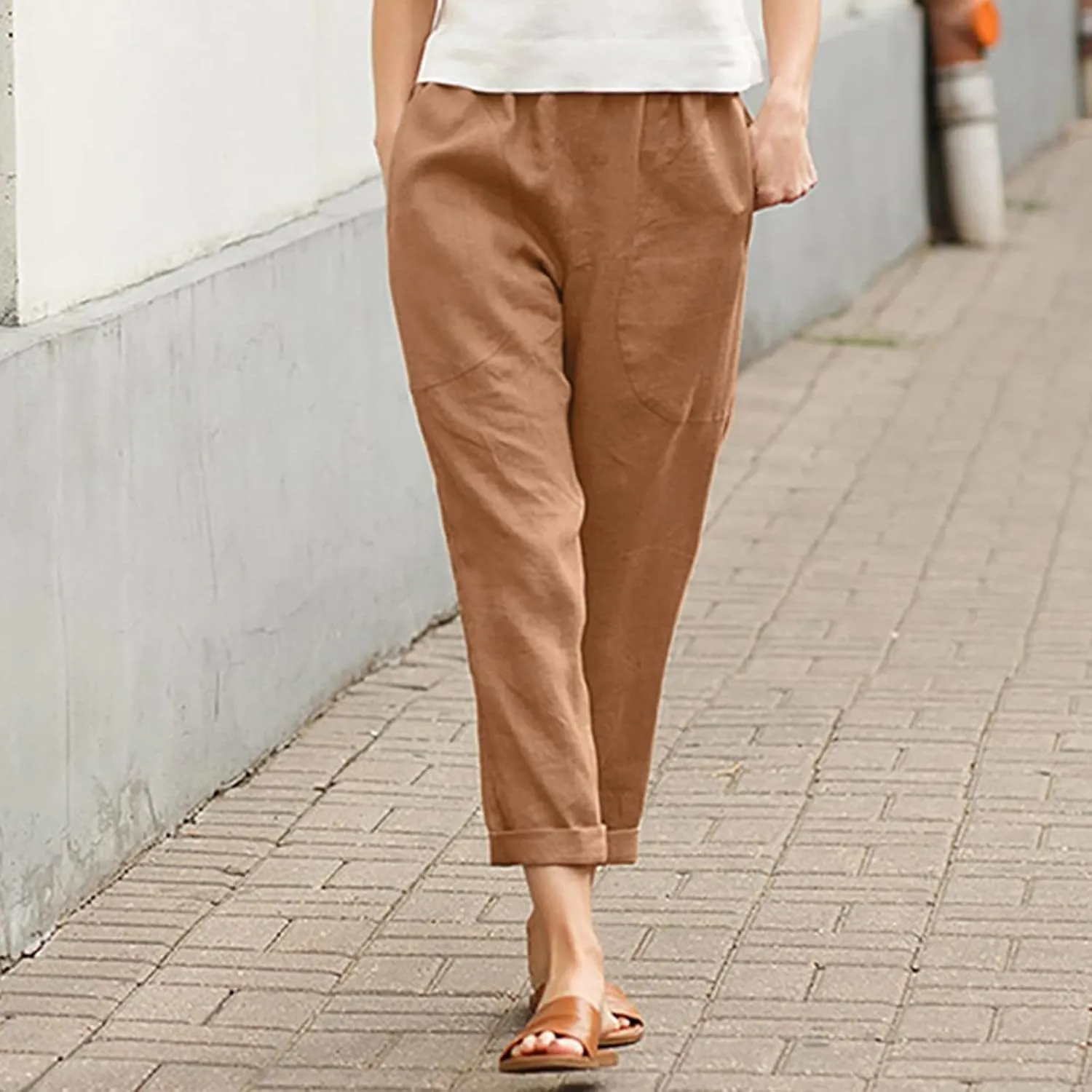 Women's Cotton Linen Summer Palazzo Palazzo Pants Elastic Waisted Bootcut Slim Fit Pants Business Work