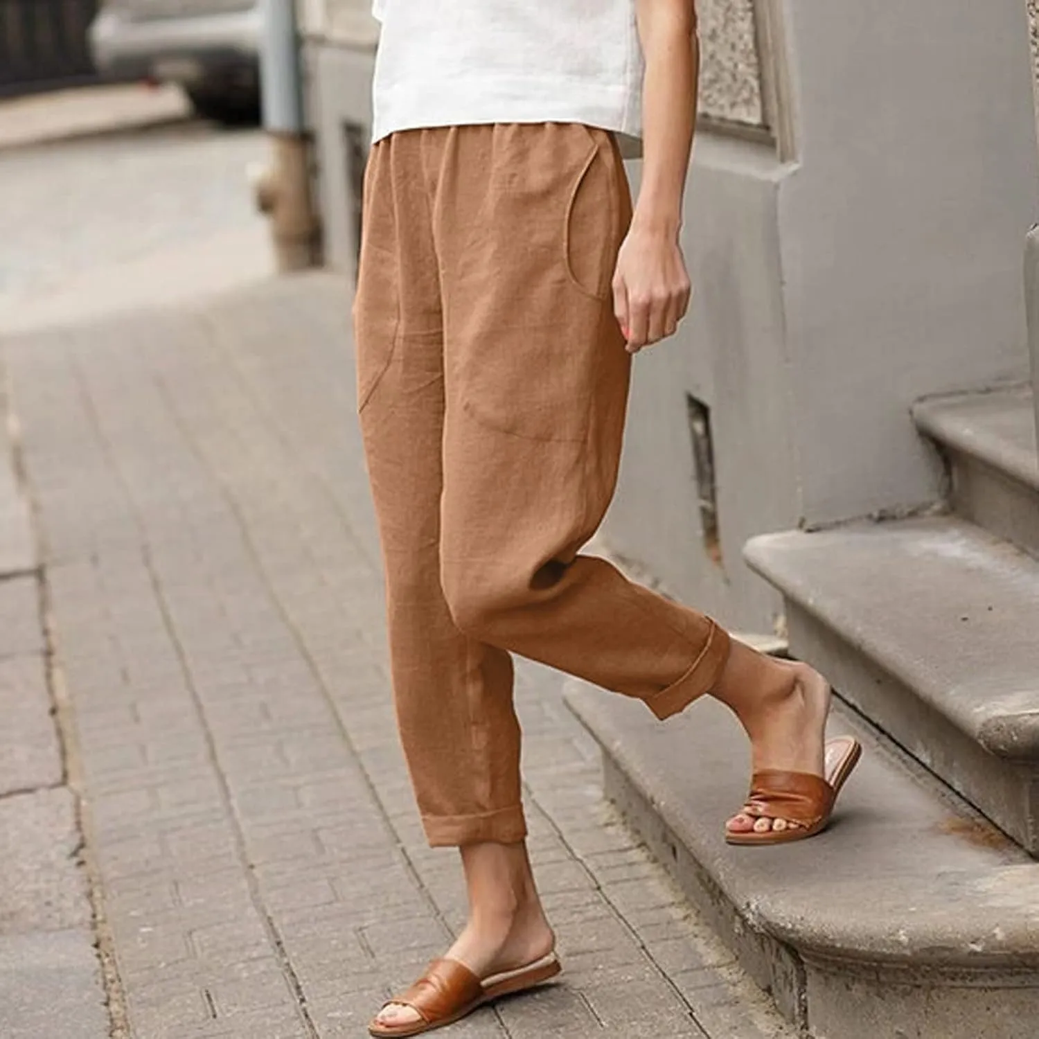Women's Cotton Linen Summer Palazzo Palazzo Pants Elastic Waisted Bootcut Slim Fit Pants Business Work