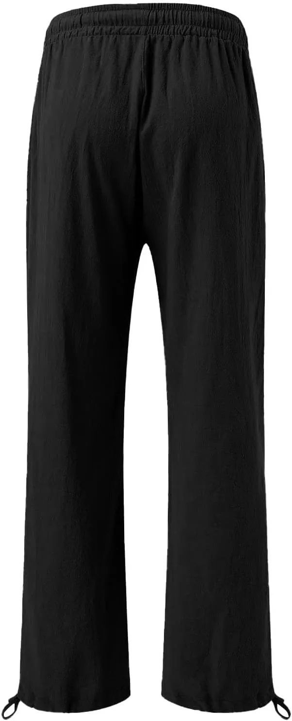 Women's Cotton Linen Summer Palazzo Pants Fashion Flowy Wide Leg Beach Trousers with Pockets Breathable Casual Pant