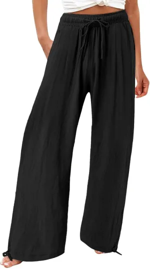 Women's Cotton Linen Summer Palazzo Pants Fashion Flowy Wide Leg Beach Trousers with Pockets Breathable Casual Pant