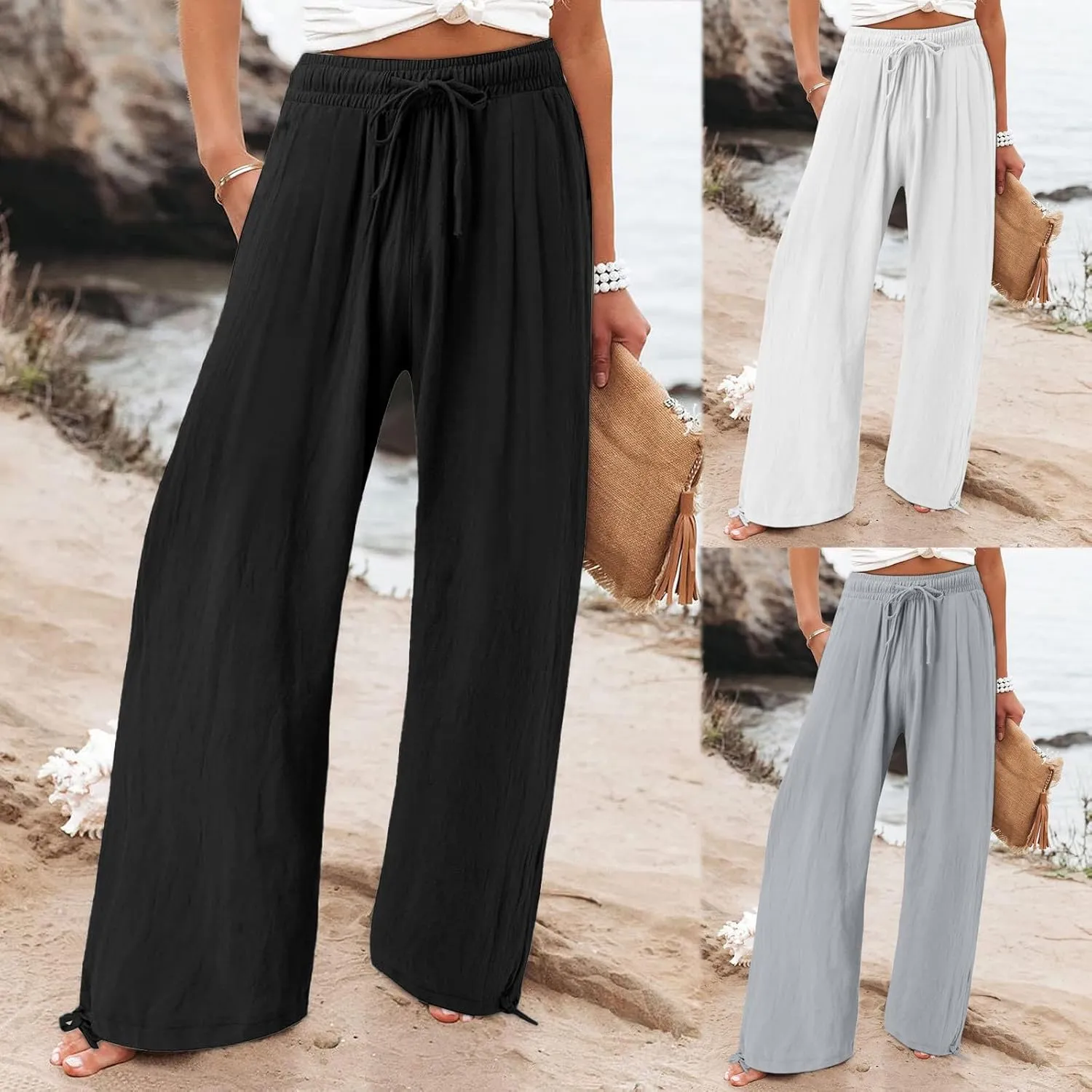 Women's Cotton Linen Summer Palazzo Pants Fashion Flowy Wide Leg Beach Trousers with Pockets Breathable Casual Pant