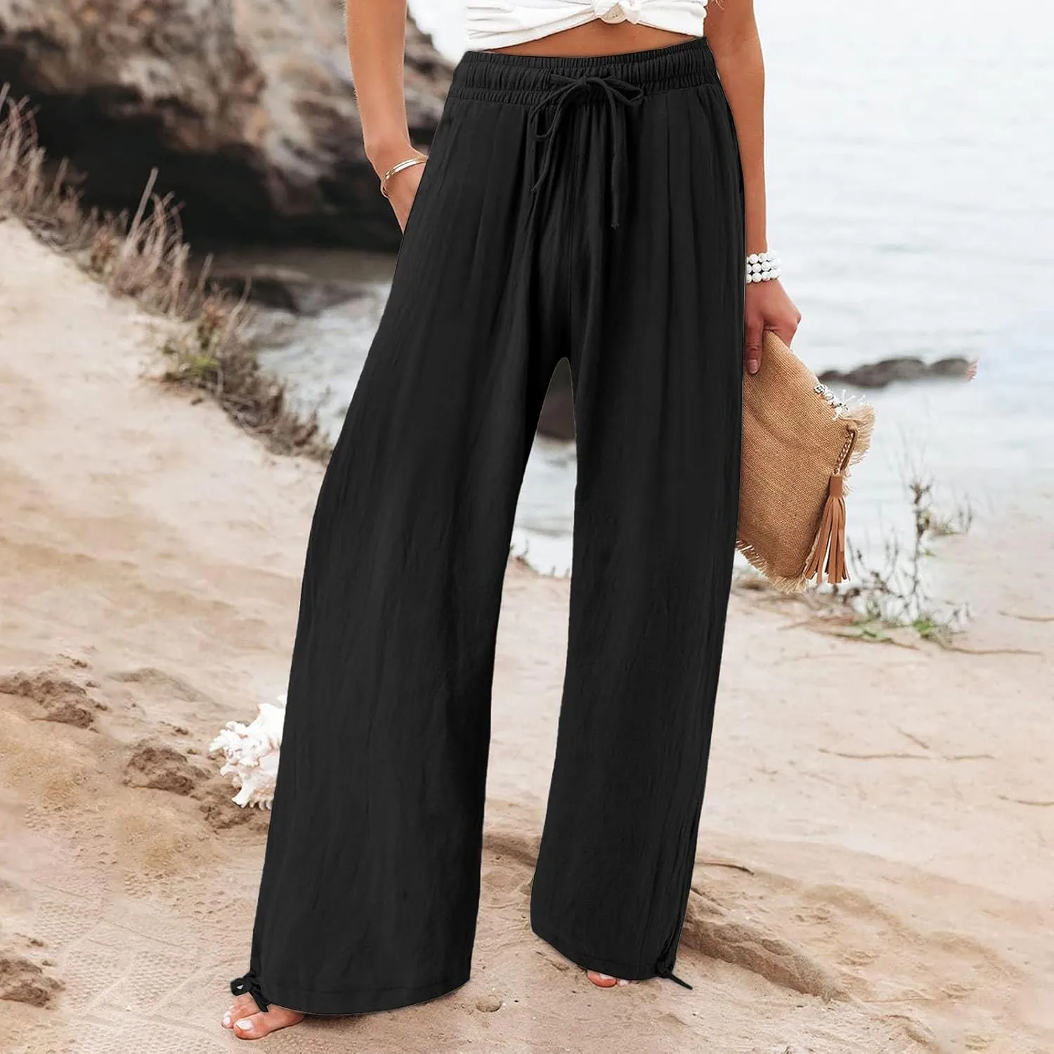 Women's Cotton Linen Summer Palazzo Pants Fashion Flowy Wide Leg Beach Trousers with Pockets Breathable Casual Pant