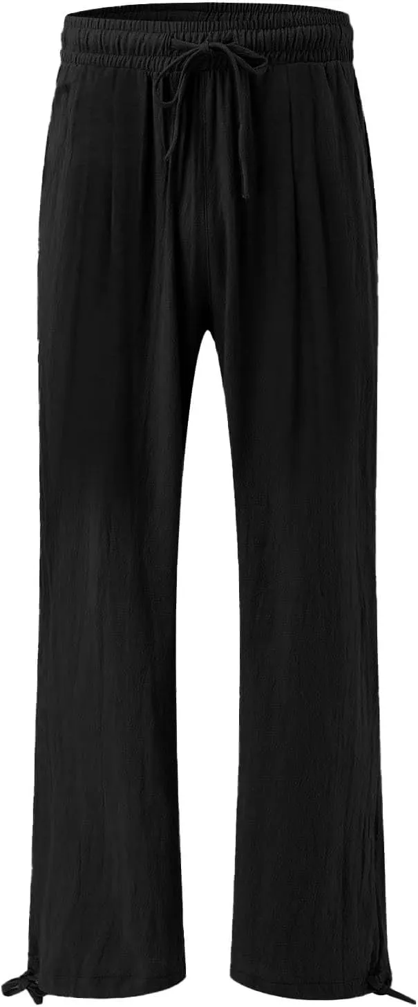 Women's Cotton Linen Summer Palazzo Pants Fashion Flowy Wide Leg Beach Trousers with Pockets Breathable Casual Pant