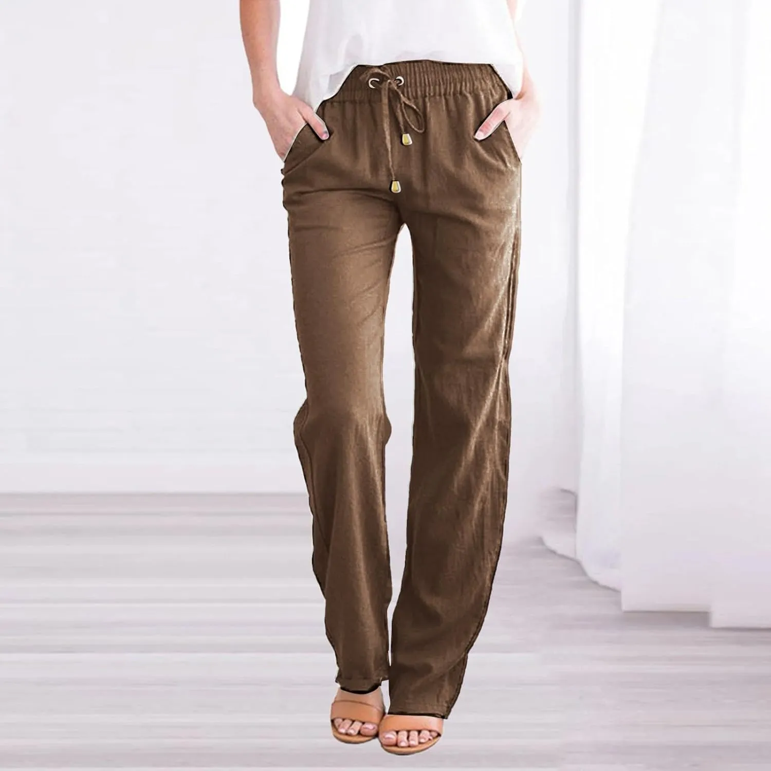 Womens Cotton Linen Summer Print Pants Low Waist Wide Leg Slim-Fit Trouser Work Business