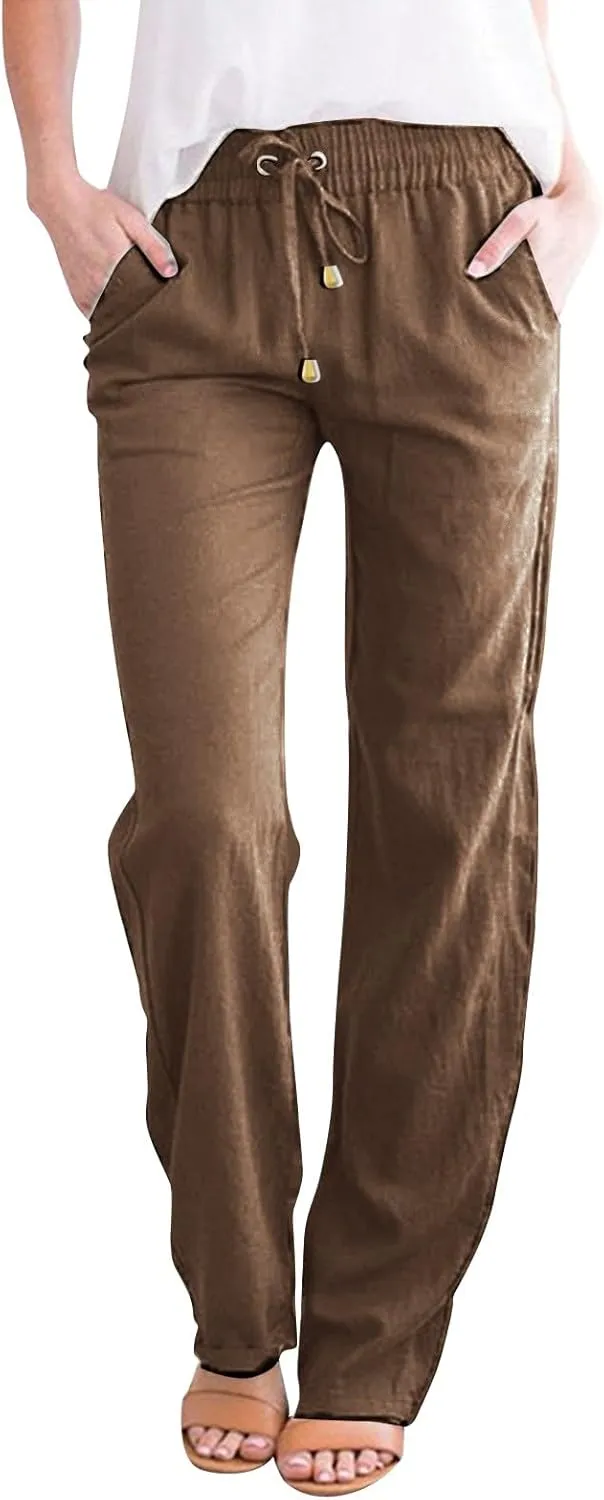 Womens Cotton Linen Summer Print Pants Low Waist Wide Leg Slim-Fit Trouser Work Business