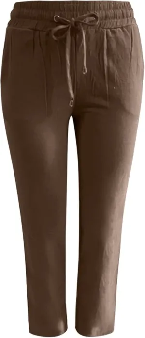 Womens Cotton Linen Summer Print Pants Low Waist Wide Leg Slim-Fit Trouser Work Business