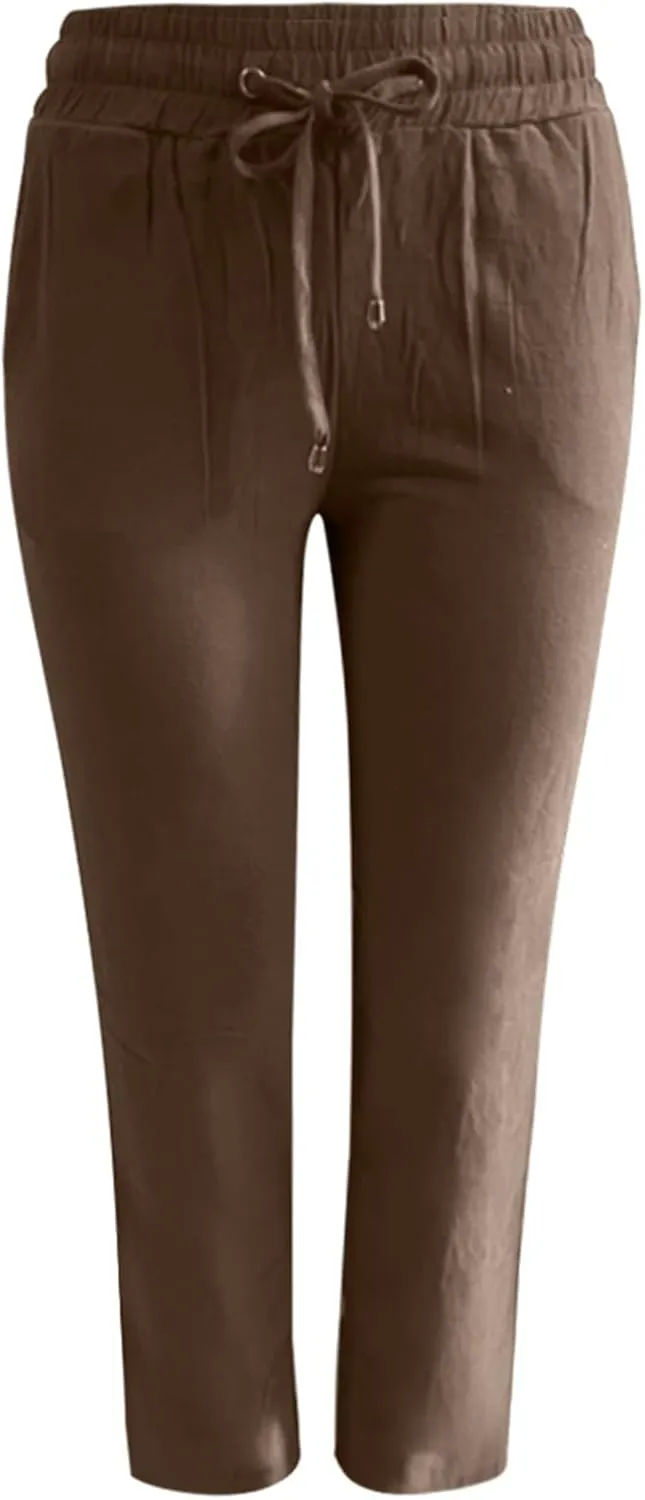 Womens Cotton Linen Summer Print Pants Low Waist Wide Leg Slim-Fit Trouser Work Business