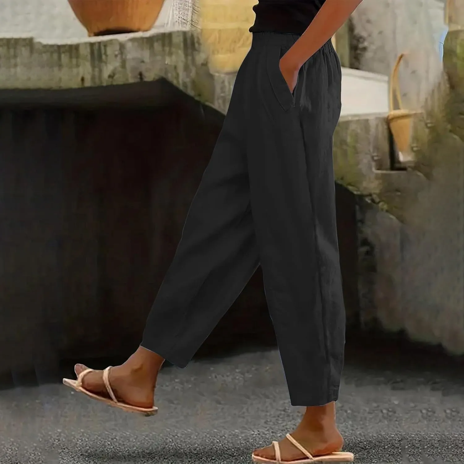 Womens Cotton Linen Summer Y2K Fashion Palazzo Pants Elastic Waist Bootcut Slim Fit Palazzo Lounge Pants Travel