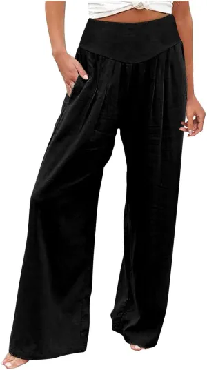 Women's Cotton Linen Summer Y2K Streetwear Palazzo Lounge Pants Low Waist Bootcut Slim Fit Palazzo Lounge