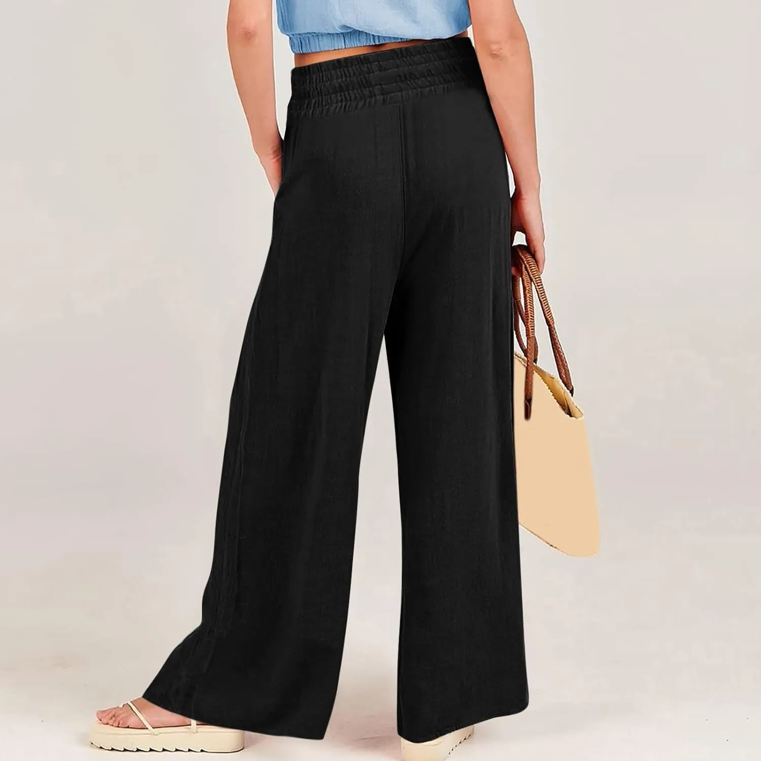 Women's Cotton Linen Summer Y2K Streetwear Palazzo Lounge Pants Low Waist Bootcut Slim Fit Palazzo Lounge