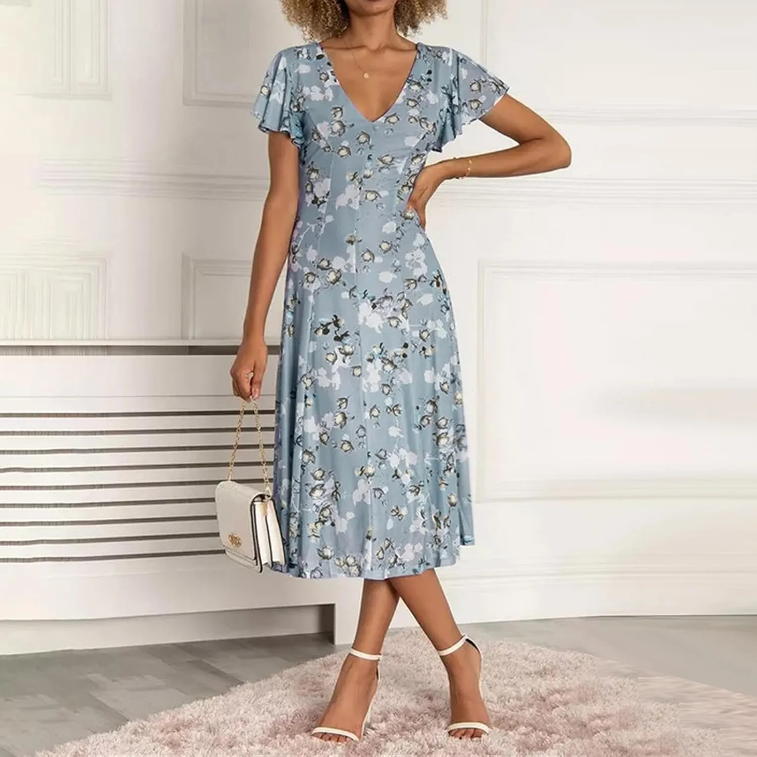 Womens Dresses Spring Summer Swing Casual Fitted Maxi Dresses for Women 2025 Ruffle Short Sleeve