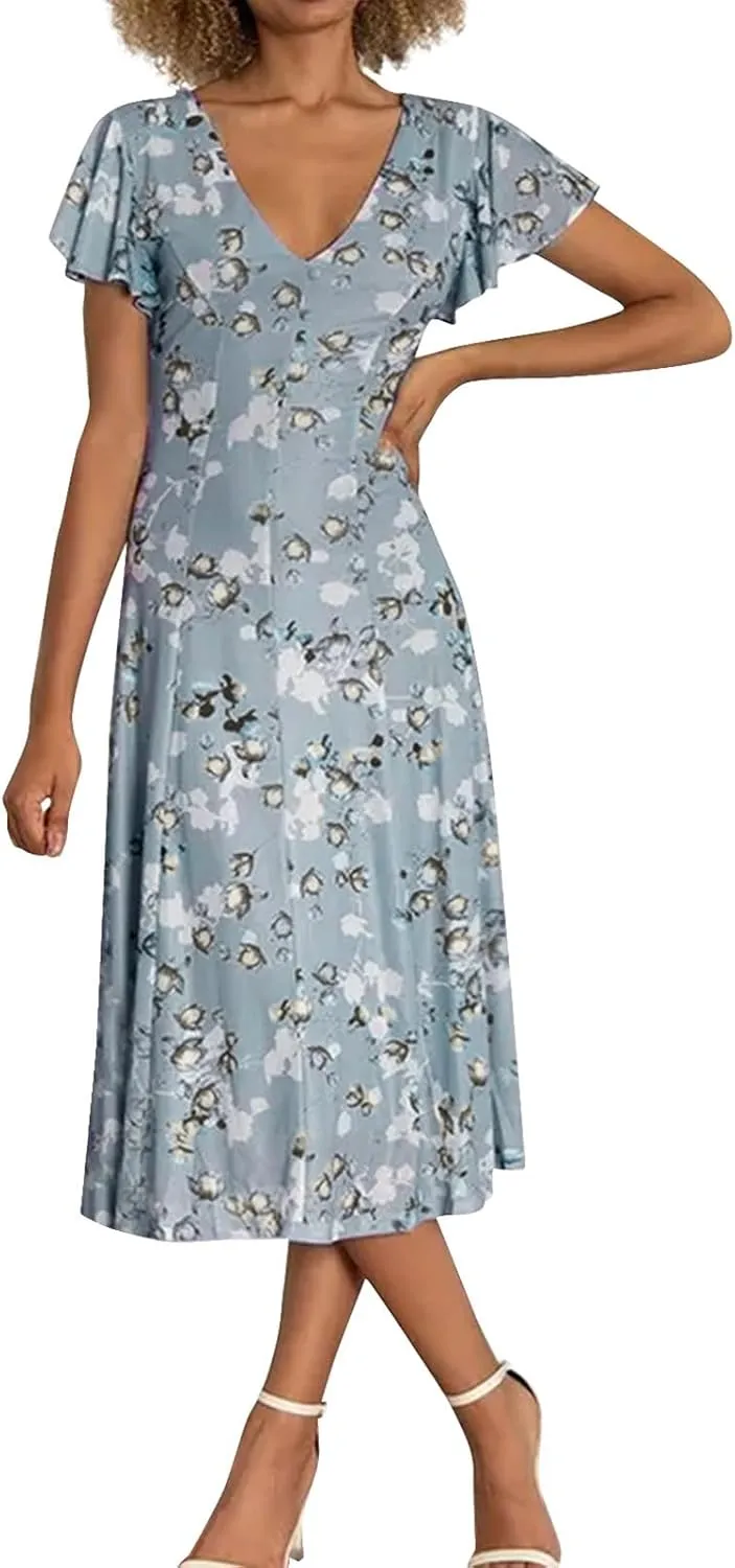 Womens Dresses Spring Summer Swing Casual Fitted Maxi Dresses for Women 2025 Ruffle Short Sleeve