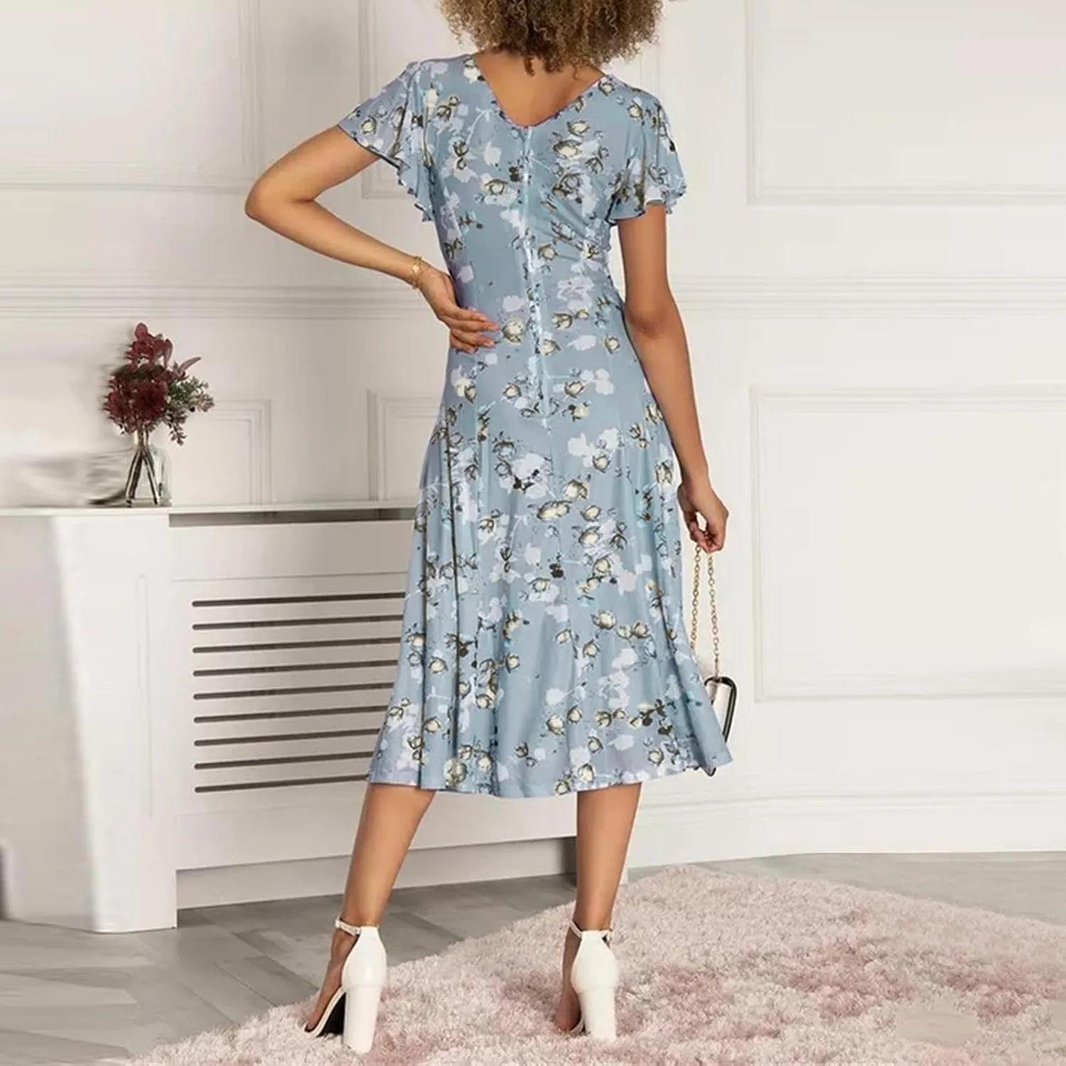 Womens Dresses Spring Summer Swing Casual Fitted Maxi Dresses for Women 2025 Ruffle Short Sleeve