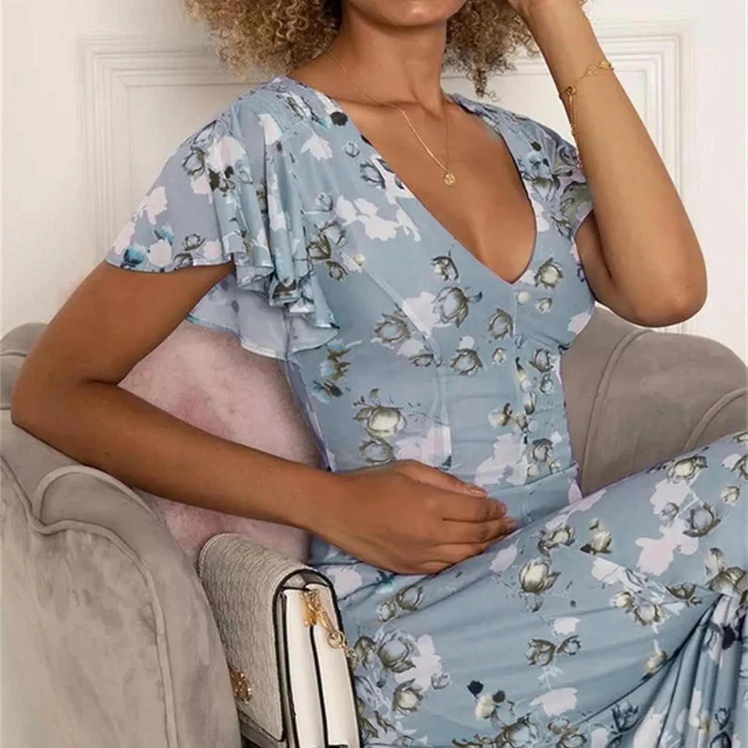 Womens Dresses Spring Summer Swing Casual Fitted Maxi Dresses for Women 2025 Ruffle Short Sleeve