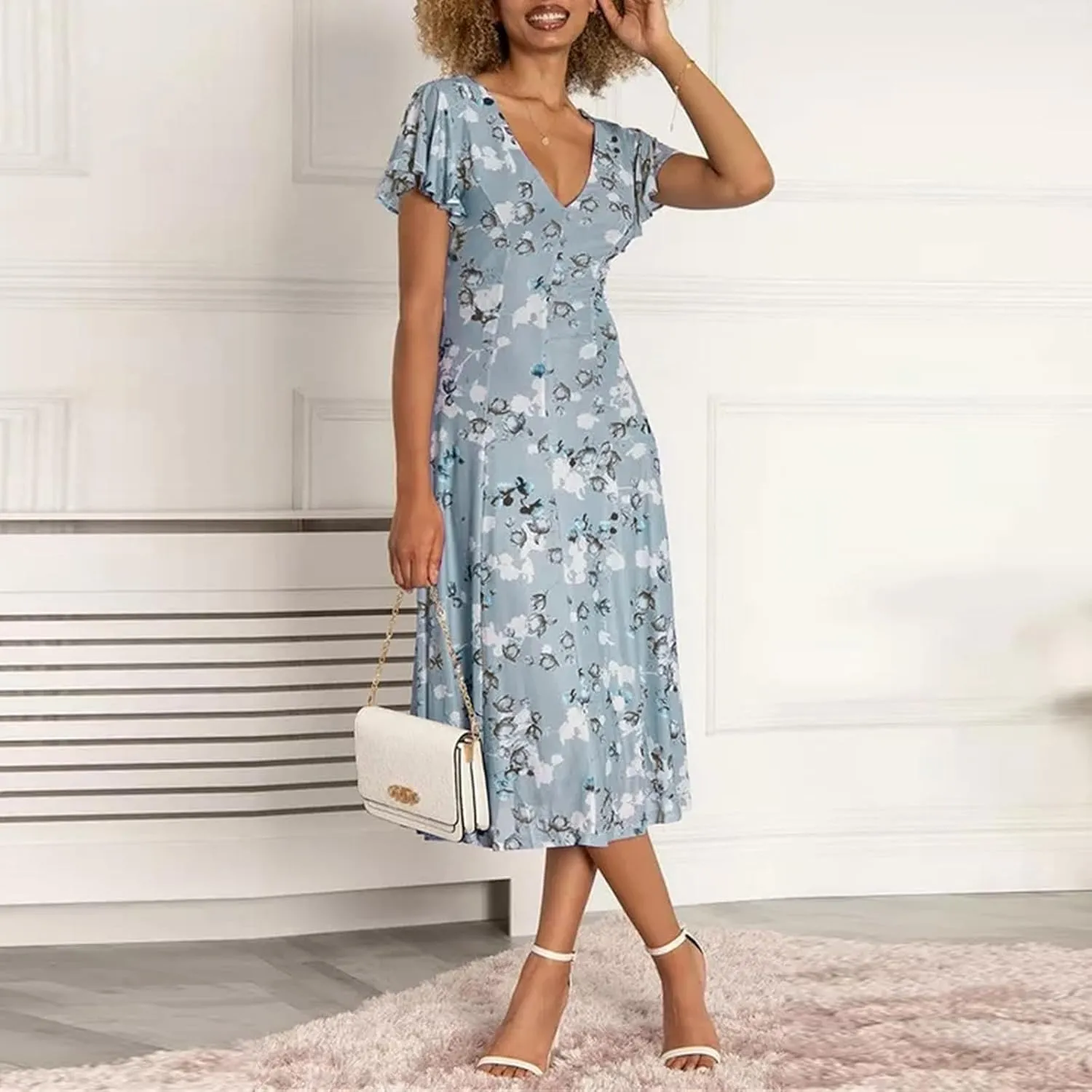 Womens Dresses Spring Summer Swing Casual Fitted Maxi Dresses for Women 2025 Ruffle Short Sleeve