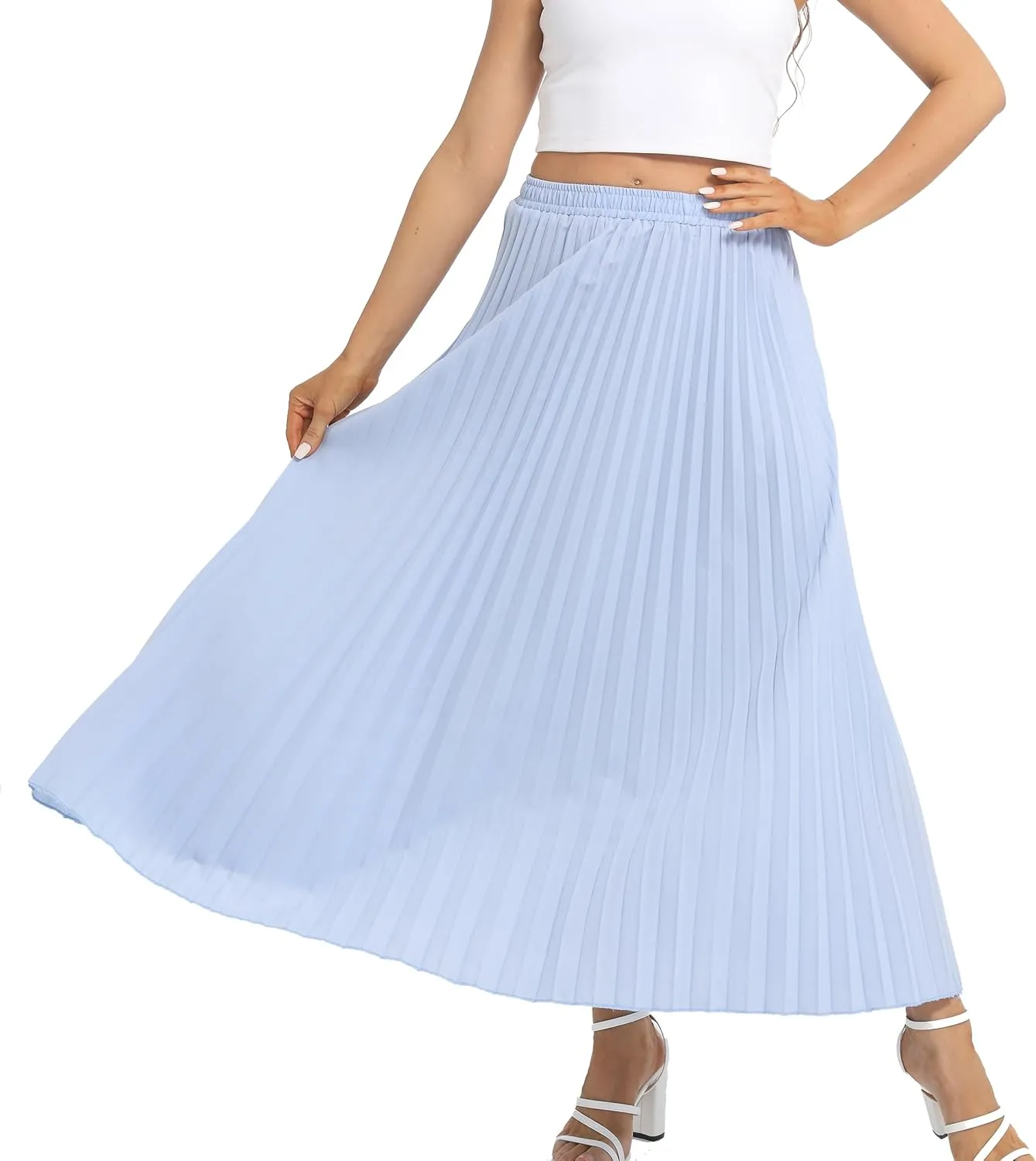 Womens Elastic High Waist Flowy Pleated Skirt Chiffon Swing A-line Beach Maxi Skirt