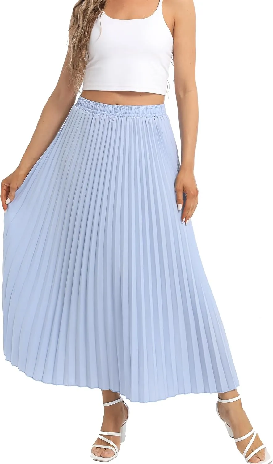Womens Elastic High Waist Flowy Pleated Skirt Chiffon Swing A-line Beach Maxi Skirt