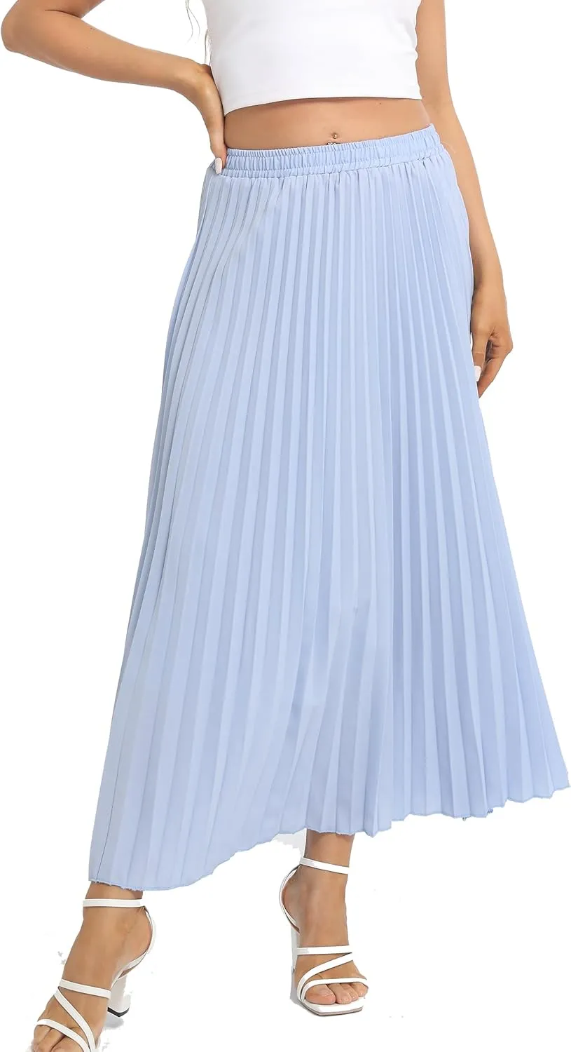 Womens Elastic High Waist Flowy Pleated Skirt Chiffon Swing A-line Beach Maxi Skirt