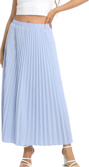Womens Elastic High Waist Flowy Pleated Skirt Chiffon Swing A-line Beach Maxi Skirt