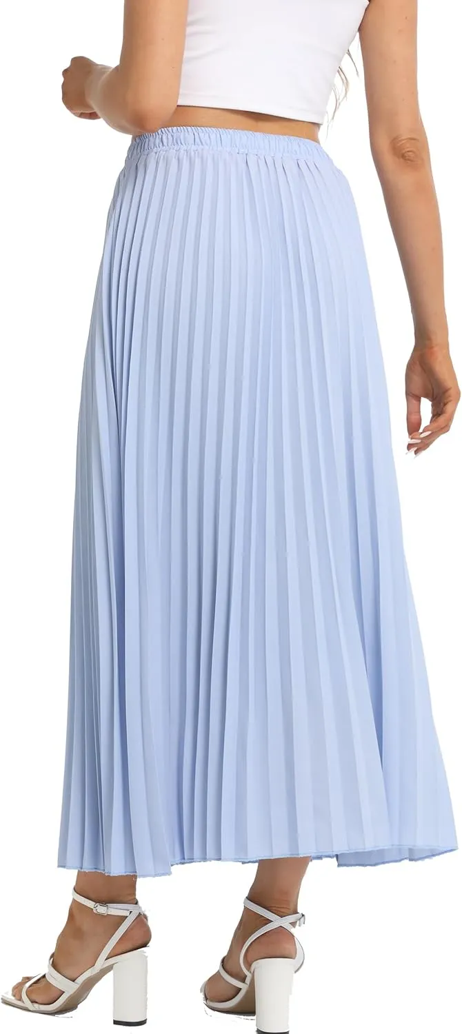 Womens Elastic High Waist Flowy Pleated Skirt Chiffon Swing A-line Beach Maxi Skirt