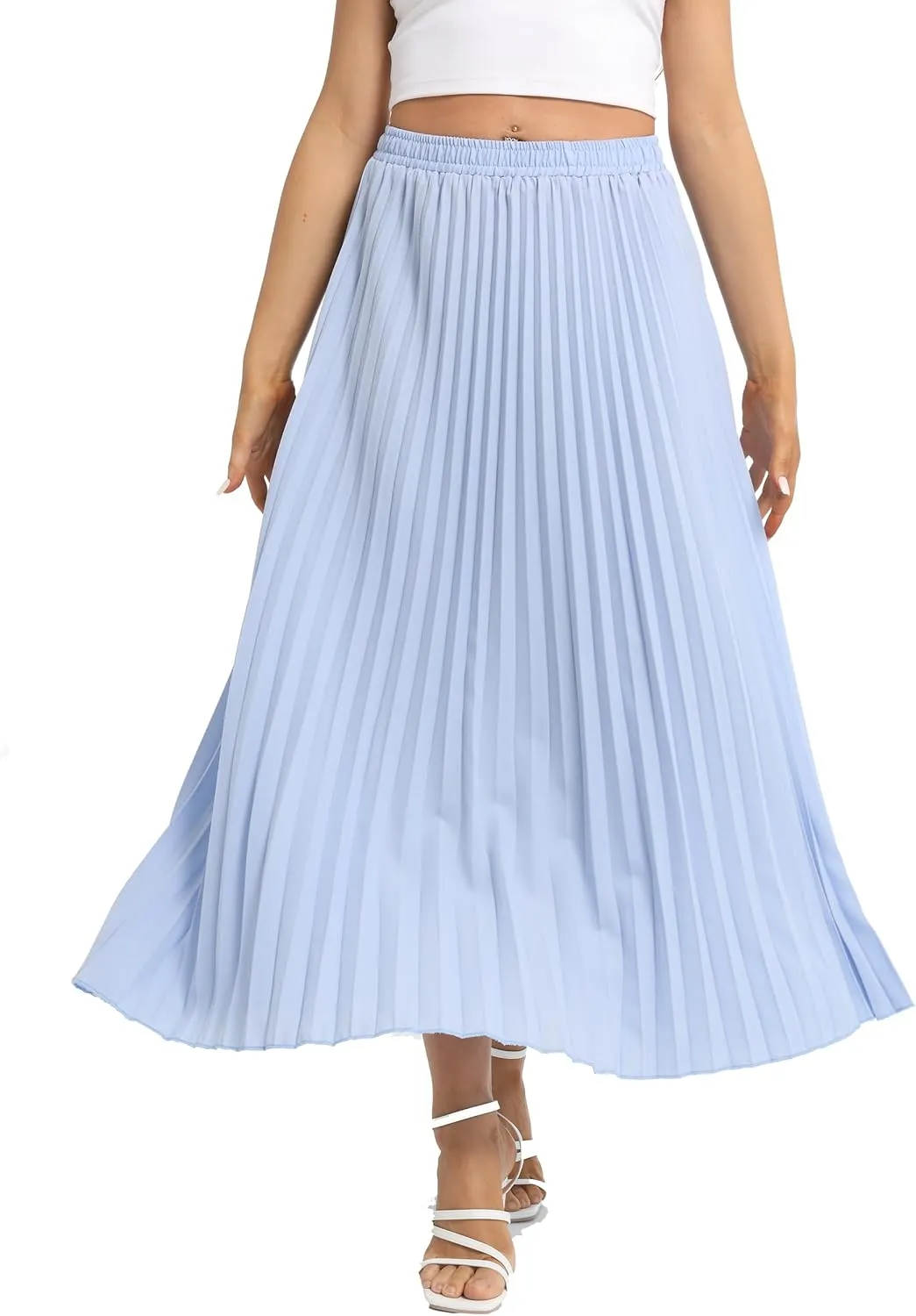 Womens Elastic High Waist Flowy Pleated Skirt Chiffon Swing A-line Beach Maxi Skirt