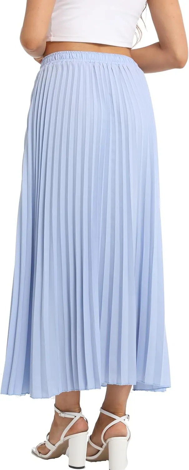 Womens Elastic High Waist Flowy Pleated Skirt Chiffon Swing A-line Beach Maxi Skirt