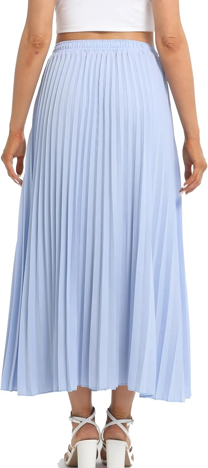 Womens Elastic High Waist Flowy Pleated Skirt Chiffon Swing A-line Beach Maxi Skirt