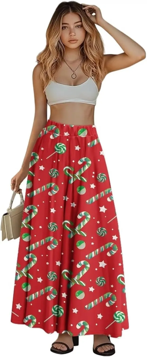 Women's Elastic High Waist Pleated Skirt Casual Long Skirts with Pockets Ankle Length Flowy Swing Party Skirt
