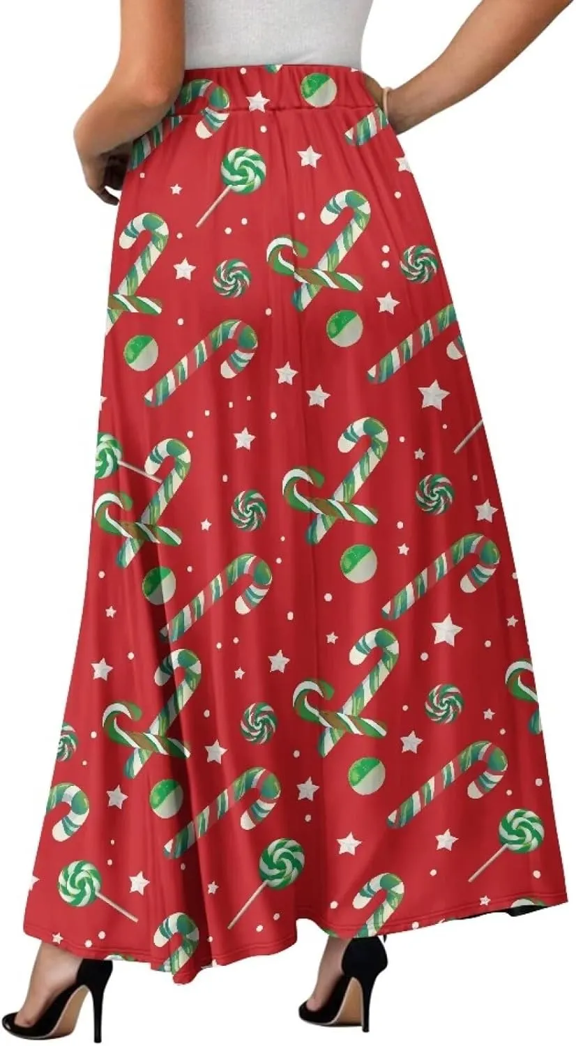 Women's Elastic High Waist Pleated Skirt Casual Long Skirts with Pockets Ankle Length Flowy Swing Party Skirt