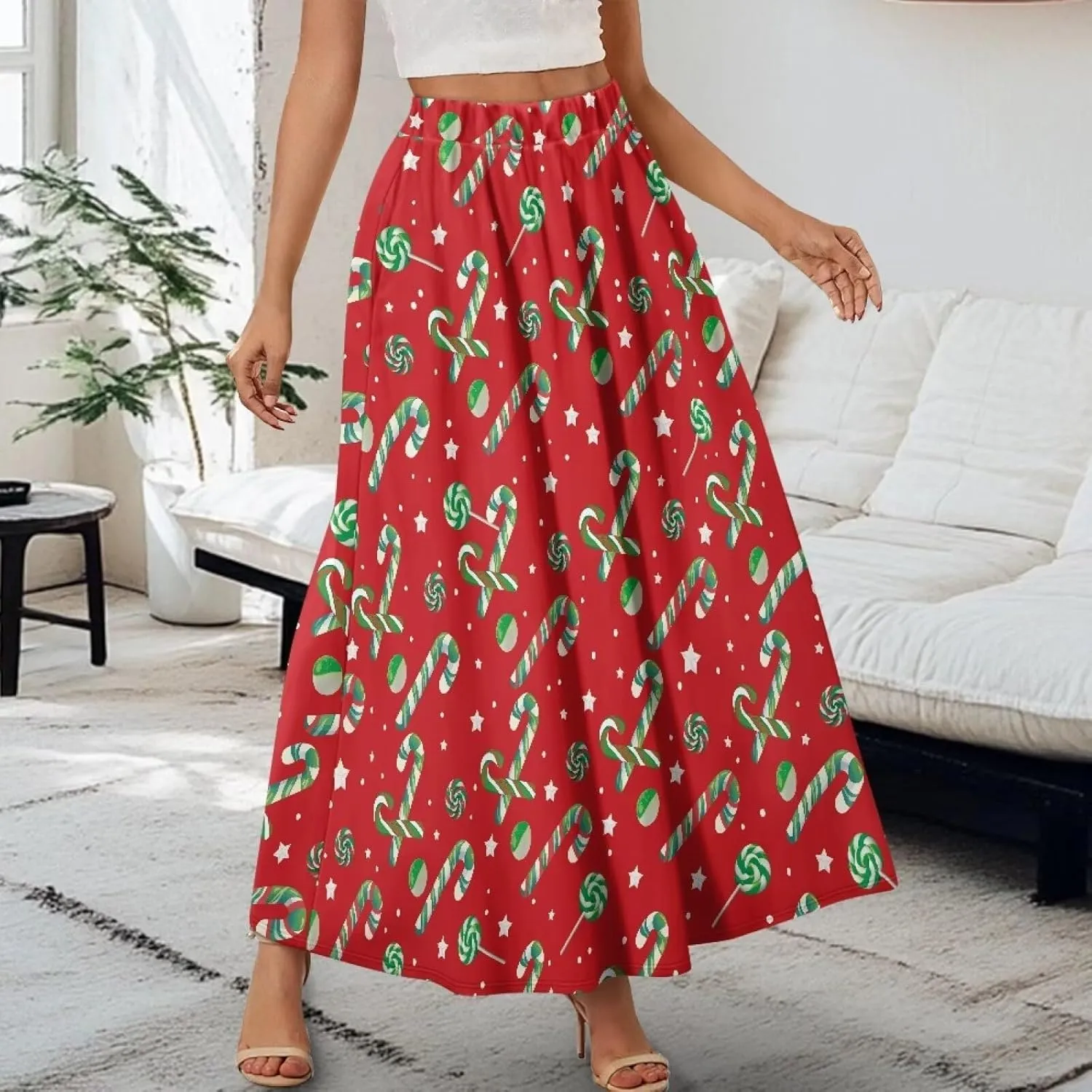 Women's Elastic High Waist Pleated Skirt Casual Long Skirts with Pockets Ankle Length Flowy Swing Party Skirt