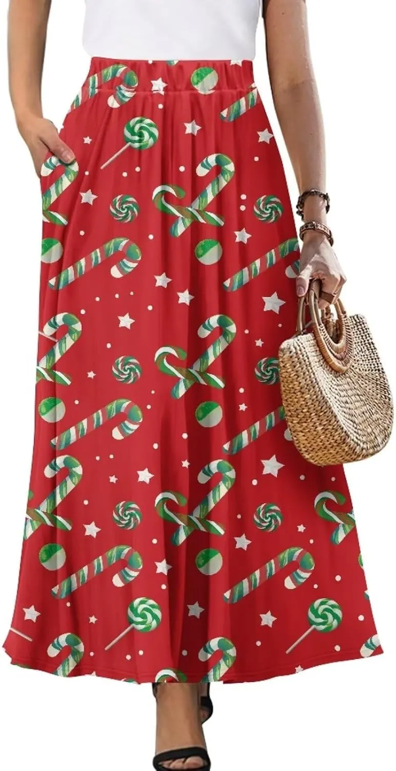 Women's Elastic High Waist Pleated Skirt Casual Long Skirts with Pockets Ankle Length Flowy Swing Party Skirt