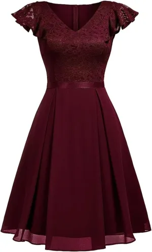 Women's Elegant Floral Lace V Neck Ruffle Cap Sleeve Cocktail Party Dress Bridesmaid Prom Dresses Vintage Swing Dress