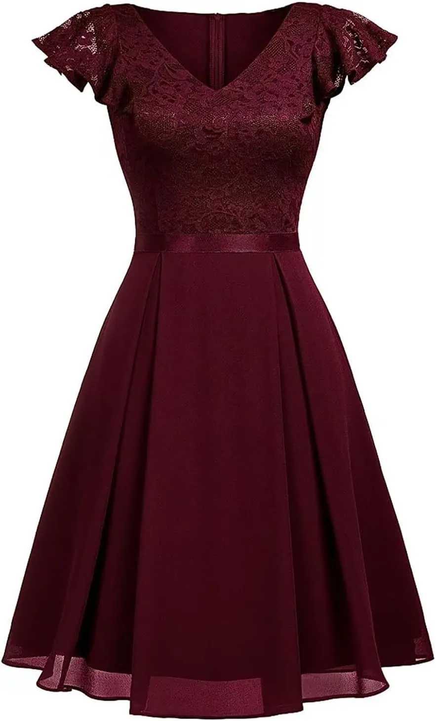 Women's Elegant Floral Lace V Neck Ruffle Cap Sleeve Cocktail Party Dress Bridesmaid Prom Dresses Vintage Swing Dress